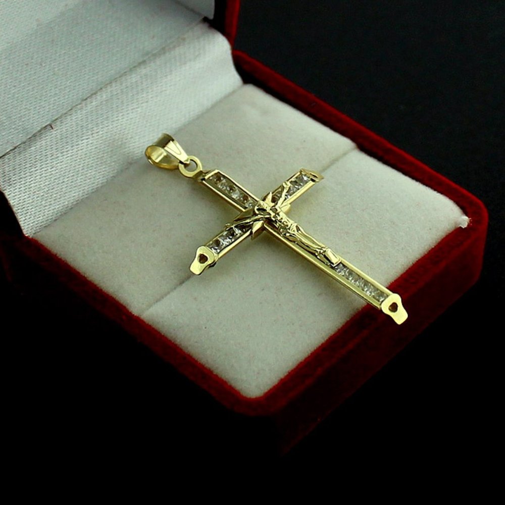 Mens 10K Yellow Gold Cross Pendant Diamond Cut Crucifix Charm